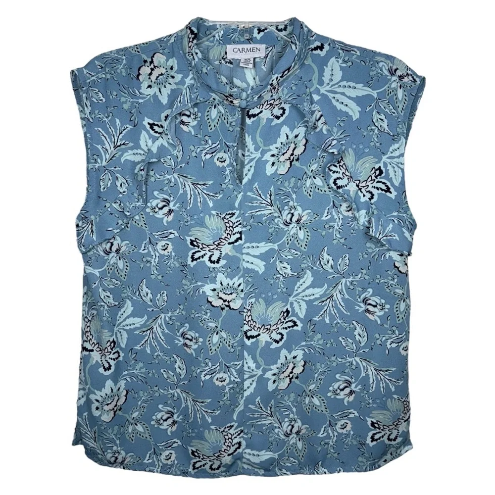 Carmen Marc Valvo Blue Floral Ruffle Blouse Sz M Sleeveless Lightweight Top - Picture 2 of 5